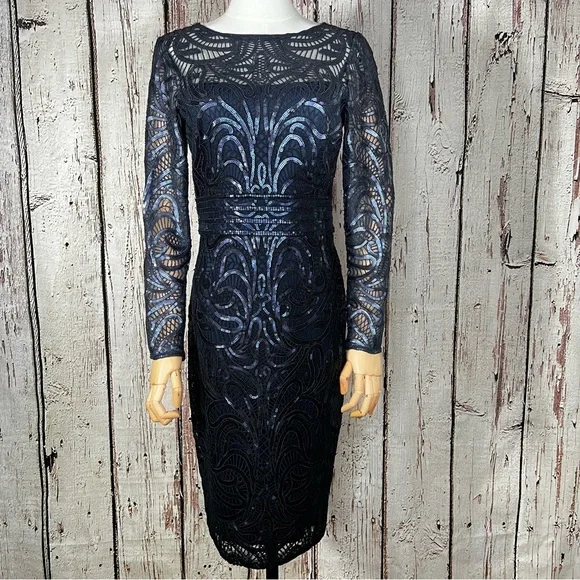 Tadashi Shoji Sequins Swirl Fitted Lace Long-Sleeve Cocktail Dress Size 2 EUC - Picture 3 of 16
